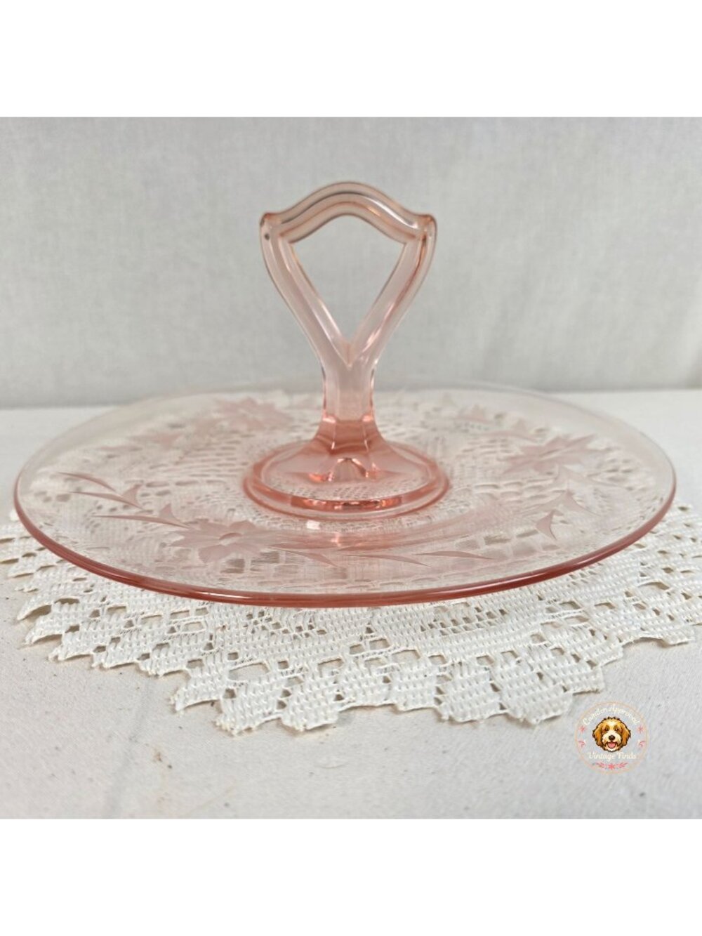 Vintage Pink Depression Glass Handled Tidbit Tray Etched Floral Sandwich Plate